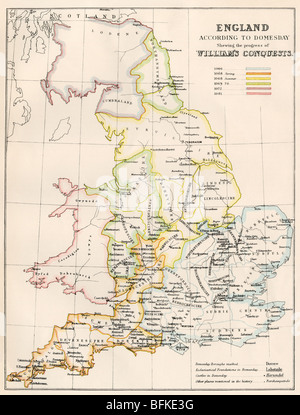 Inghilterra al momento della conquista normanna, 1066-1081. Litografia a colori Foto Stock