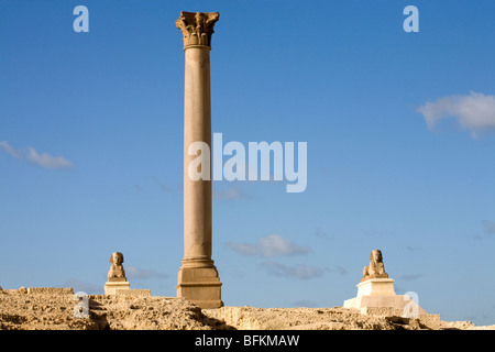 La colonna di Pompeo e sfingi sul sito del tempio di Serapide nel trimestre Karmous nella città di Alessandria, Egitto Foto Stock