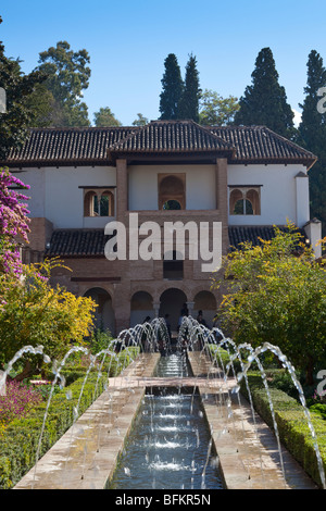 Patio de la Acequia (corsi d'acqua), i giardini Generalife, Alhambra Palace, Granada, Spagna Foto Stock