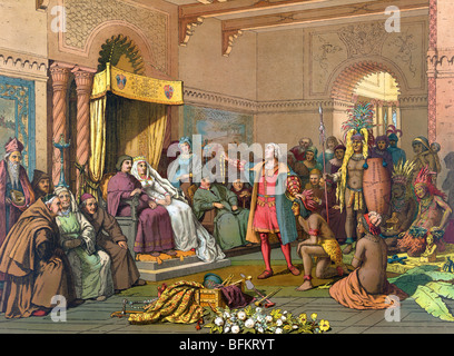 Stampare c1893 di Cristoforo Colombo in piedi prima di Ferdinando e Isabella con gli indios portato dal Nuovo Mondo. Foto Stock