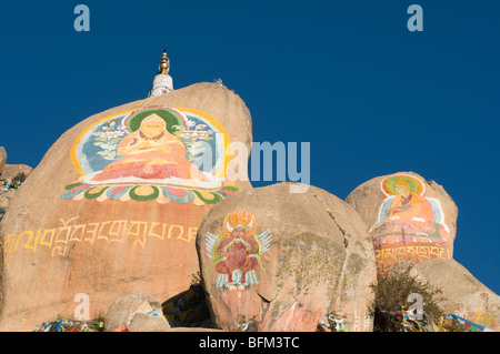 Roccia buddista i dipinti e le sculture di un famoso monastero di Drepung a Lhasa il Tibet Foto Stock