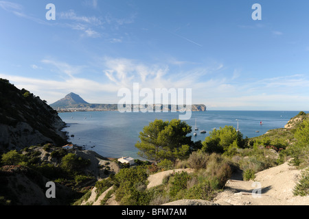 Vista dal cappuccio Prim verso Montgo & Cabo de San Antonio, Javea / Xabia, Provincia di Alicante, Comunidad Valenciana, Spagna Foto Stock