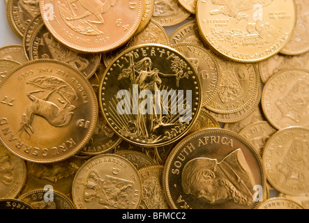 American Eagle, Sud Africa Krugerrand e fiorino olandese monete d'oro. Foto Stock