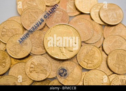 American Eagle, Sud Africa Krugerrand e fiorino olandese monete d'oro. Foto Stock