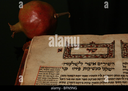 Immagine atmosferica del giudaismo simboli di Rosh Hashana,'anno Ebraico e Succot. Un libro di preghiera, e melograno Foto Stock