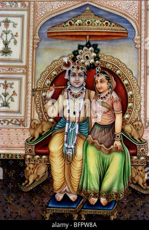 BDR 66495 : Radha Krishna seduto sul trono di pittura in miniatura Foto Stock