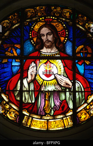 VPA 66650 : Gesù Cristo sul vetro macchiato nella chiesa del Sacro Cuore di Gesù ; Mumbai Bombay ; Maharashtra ; India Foto Stock
