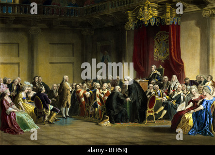 Stampare c1859 di Benjamin Franklin che compaiono prima che i signori del Consiglio (Consiglio Privy) a Whitehall cappella a Londra nel 1774. Foto Stock
