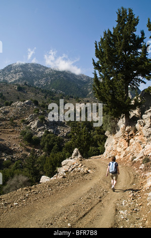 Dh area Metaxochori IERAPETRA Grecia CRETA donna turistico backpacker camminando giù Dikti cretese mountain via strada Foto Stock