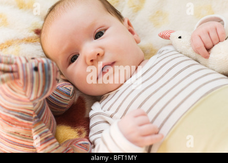 Bambino con giocattoli imbottiti Foto Stock