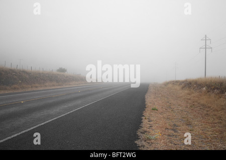 Strada e nebbia, Alpine, Brewster County, Texas, Stati Uniti d'America Foto Stock