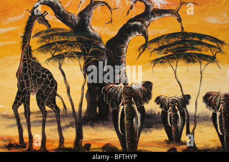 Tradizionale fauna africana pittura presi in Mto Wa Mbu, Tanzania Foto Stock