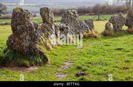 Gli uomini del re al Rollright Stones, cerchio di pietra megalitico di calcare oolitic monumenti, Warwickshire, Inghilterra, Regno Unito Foto Stock