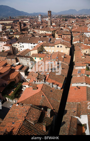 Una vista sui tetti di Lucca per le montagne distanti che mostra la Torre delle Ore Foto Stock