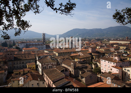 Una vista sui tetti di Lucca per le montagne distanti Foto Stock