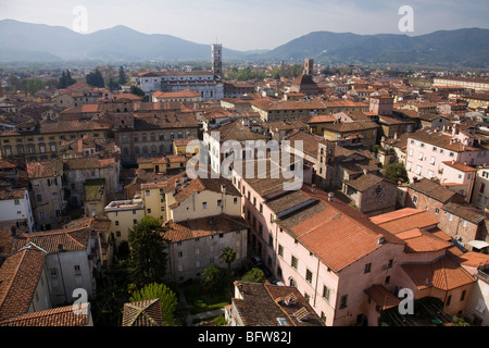 Una vista sui tetti di Lucca per le montagne distanti Foto Stock