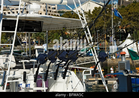 Primo piano della fila di aste per impieghi pesanti sul gioco Barca da pesca ormeggiata a Funchal Marina Harbour Madeira Portogallo EU Europa Foto Stock