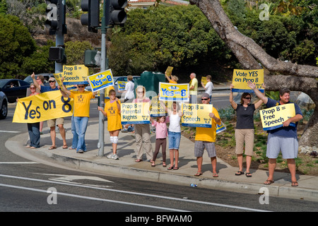 I manifestanti sulla Pacific Coast Highway in Laguna Niguel, CA, il supporto di un membro della proposta di scrutinio Foto Stock