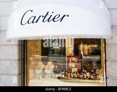 Luxury Cartier brand pubblicizzato su shop in Marbella Costa del Sol, Spagna Foto Stock