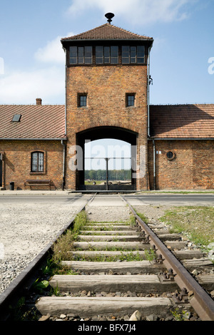 Linee ferroviarie che portano all'entrata principale gateway di Birkenau (Auschwitz II - Birkenau) nazista di morte nel campo di Oswiecim, Polonia. Foto Stock