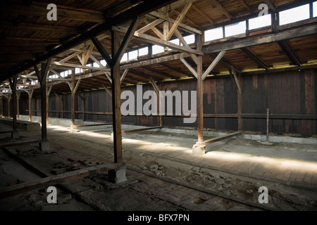 All'interno di una capanna / capannone di Birkenau (Auschwitz II - Birkenau) nazista di morte nel campo di Oswiecim, Polonia. Foto Stock