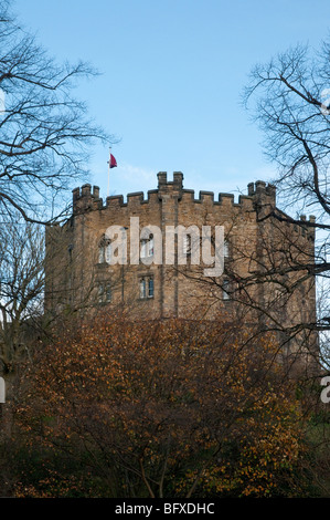 Bandiera in cima al castello di Durham College edificio, Durham, Inghilterra. Foto Stock