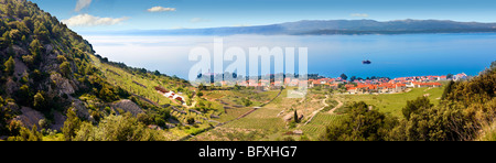 Vista di Bol e i suoi vigneti guardando verso l'isola di Hvar , isola di Brac, Croazia Foto Stock