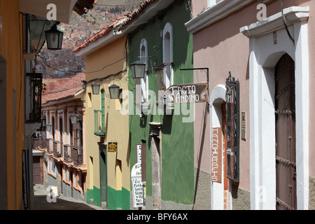 Architettura coloniale in Calle Jaen , il meglio conservato strada coloniale in La Paz , Bolivia Foto Stock