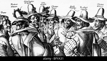 La polvere da sparo PLOT COSPIRATORI 1605 con Guy Fawkes terzo da destra accanto al leader Robert Catesby Foto Stock