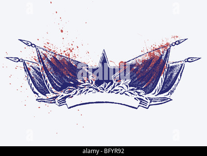 Costa di bracci a forma di stella con banner e bandiere rosse sul grunge background. Foto Stock