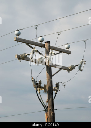 Utilità polo di alimentazione e trasmissione elettrica i fili contro il cielo blu. Foto Stock