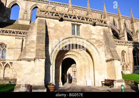 Il portico sud, Malmesbury Abbey, Malmesbury, Wiltshire, Inghilterra, Regno Unito Foto Stock