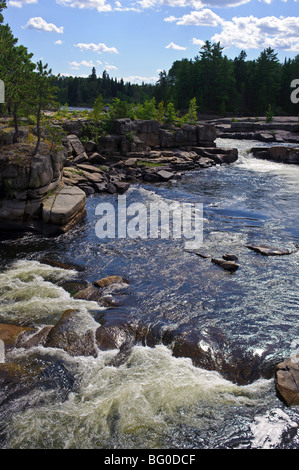 Pabineau cade e il fiume Pabineau acceso buttato indossato scogliere in Eastern New Brunswick con abeti rossi e pini. Foto Stock