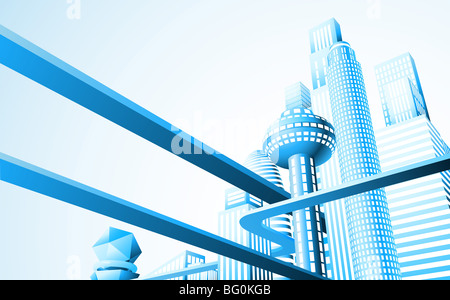 Illustrazione astratta di un paesaggio urbano futuristico o skyline Foto Stock