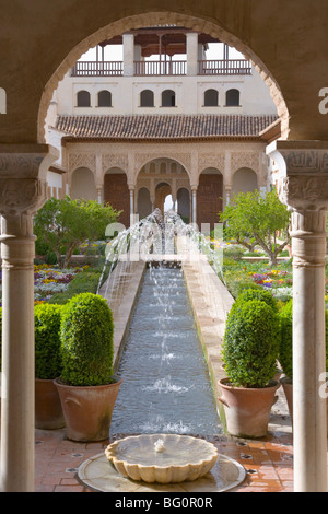 Vista attraverso arch al Patio de la Acequia, fulcro dei giardini del Generalife, Granada, Andalusia (Andalusia), Spagna Foto Stock