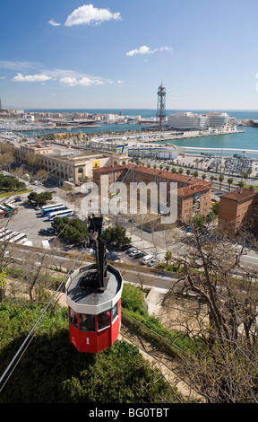 La funivia di fronte al porto, Transbordador Aeri del Port, vista sul porto dal Montjuic, Barcellona, in Catalogna, Spagna Foto Stock