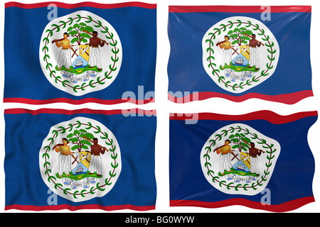 Grande immagine sul bianco delle quattro bandiere del Belize Foto Stock