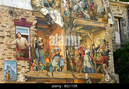 Detaill del Petit-Champlain affresco, progettato da Murale Création, quartiere storico della città di Québec, Canada Foto Stock