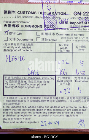 Hong Kong il formulario di dichiarazione in dogana Foto Stock