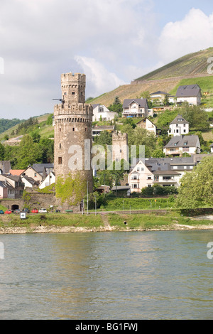 La torre di Braubach, vicino a Coblenza, il fiume Reno, Renania-Palatinato, Germania, Europa Foto Stock