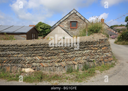 Lisca di pesce con fantasie di Cornish Hedge con pietra locale, pareti in Cornovaglia sono chiamati siepi e dispone di impianti di piante su top Foto Stock