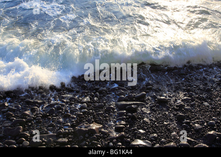 Rottura di onde sulla spiaggia rocciosa di Madeira, Portogallo, Europa. Foto di Willy Matheisl Foto Stock