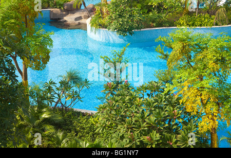 La piscina e gli alberi del giardino in un nuovo quartiere residenziale Foto Stock