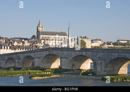 La Cattedrale di St-Louis da attraverso il ponte della Loira, Blois, Loir-et-Cher, Valle della Loira, in Francia, in Europa Foto Stock