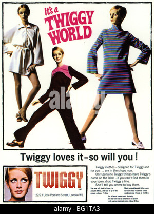 TWIGGY degli anni sessanta annuncio pubblicitario per la moda negozio gestito dal modello inglese e cantante Foto Stock