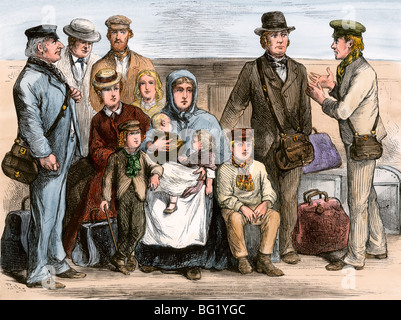 Mennonita immigrati dalla Russia in arrivo a New York per il viaggio in territorio Dakota, 1873. Colorate a mano la xilografia Foto Stock