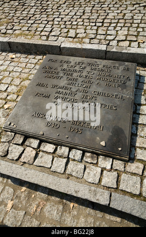 Lapide dedicata alle vittime dell'Olocausto a Birkenau (Auschwitz II ) nazista di morte nel campo di Oswiecim, Polonia. Foto Stock