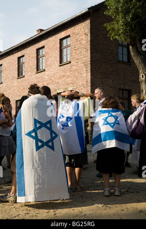 Scuola Ebraica / college bambini / studenti: gruppo su un tour di Auschwitz Nazi camp. La Polonia. Le ragazze sono indossando bandiere israeliane. Foto Stock