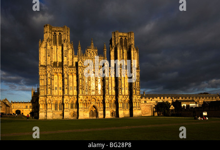 Cattedrale di Wells che mostra la splendida facciata ovest con dark cloud formazione, pozzi, Somerset, Inghilterra. Foto Stock