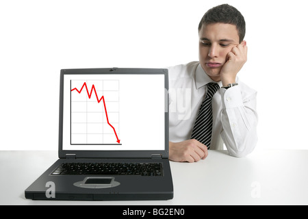 Uomo d affari con computer portatile, cattive notizie, isolato su bianco Foto Stock